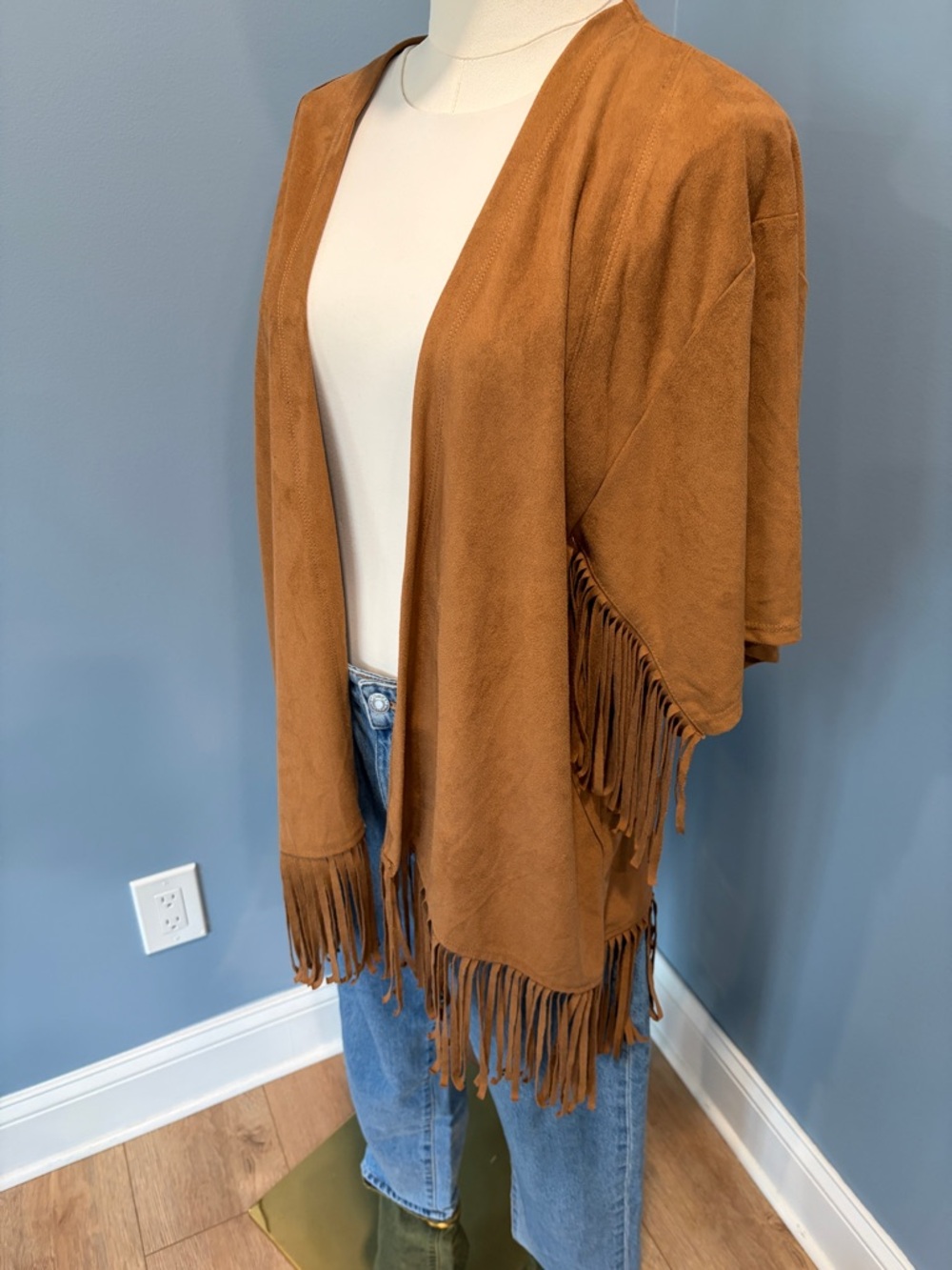 Hollister Brown Faux Suede Fringe Kimono Cardigan L Boho Western